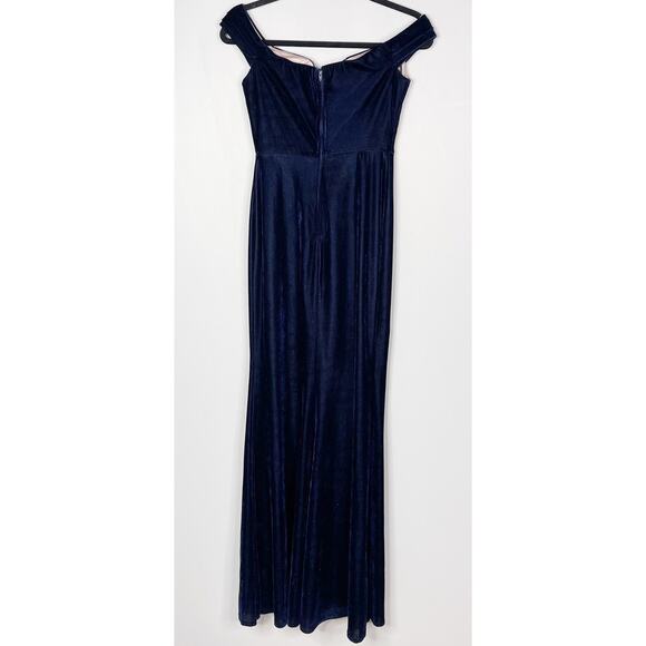 City Studios Juniors Size 5 Blue Velvet Off The Shoulder Gown Dress Split V Neck - Picture 2 of 14